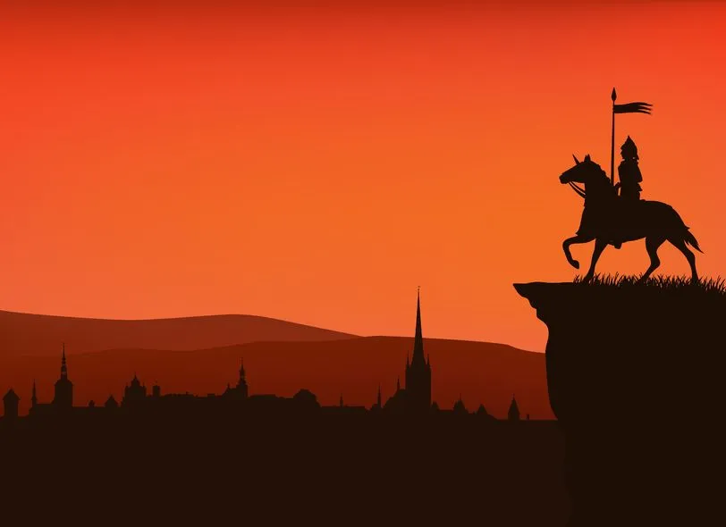 A knight standing watch over a city at dusk