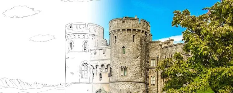 Hand-drawn castle on left transitioning to photograph on right to signify campaign 'coming to life'