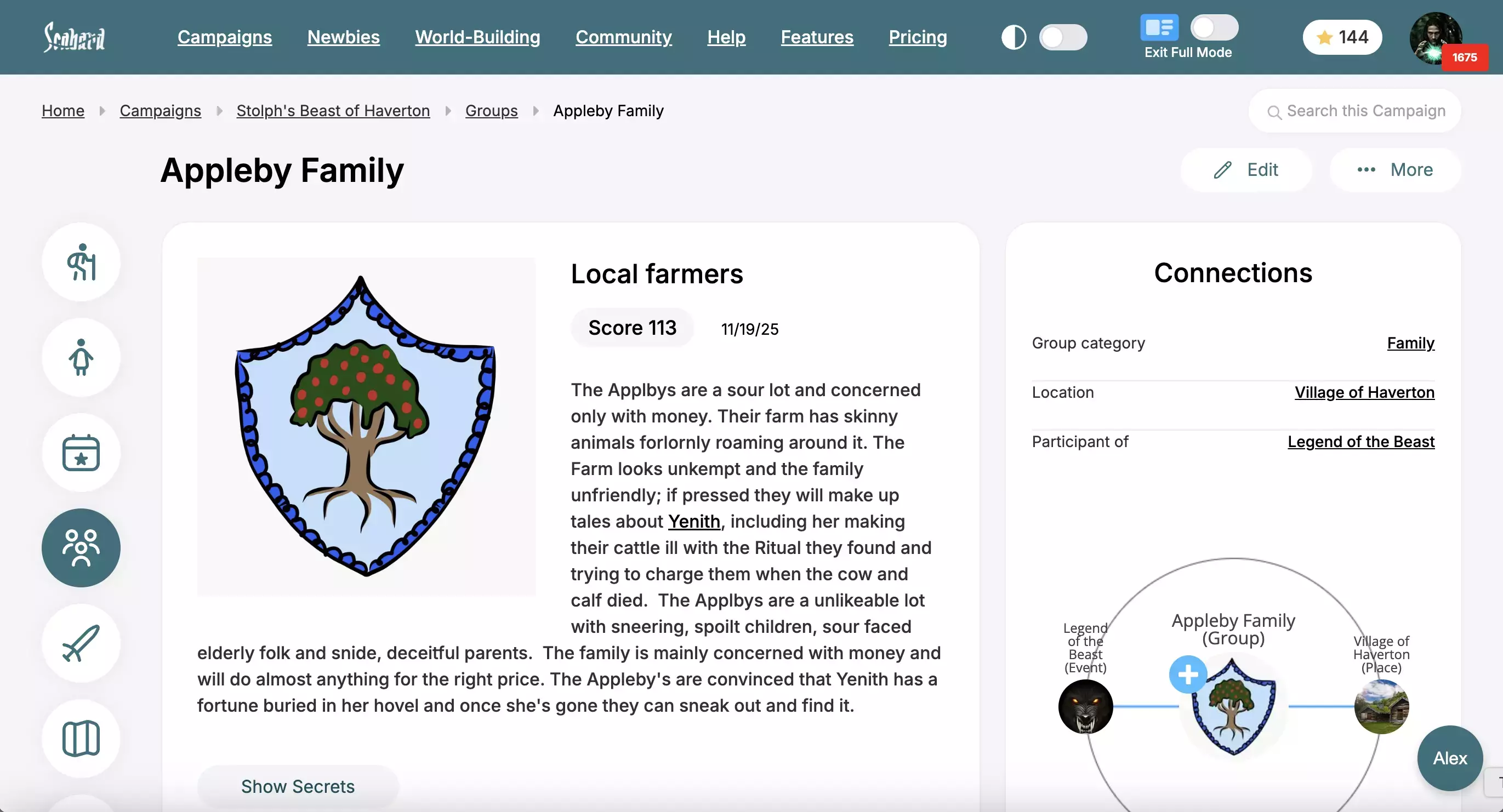 A Scabard campaign showing connected characters, places, events, and factions