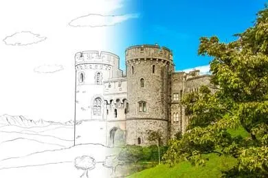 Hand-drawn castle on left transitioning to photograph on right to signify campaign 'coming to life'